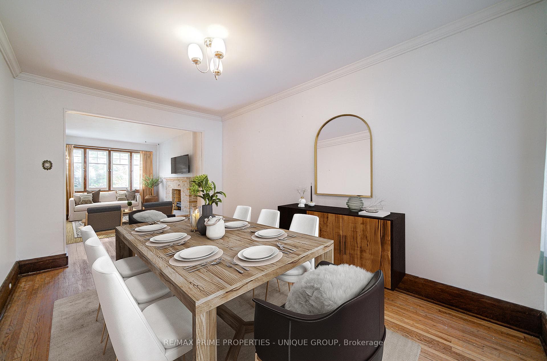 Dining room and living room in background