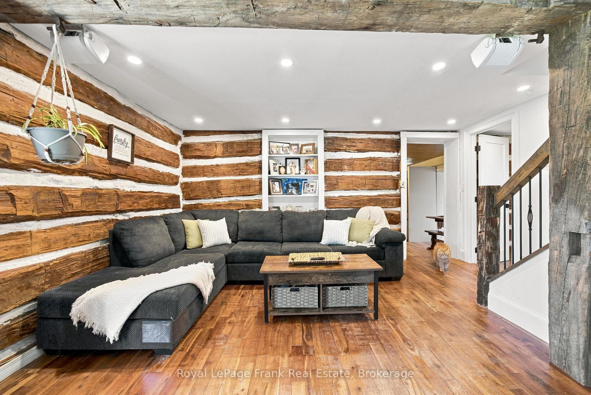 Living room with wood burning fireplace