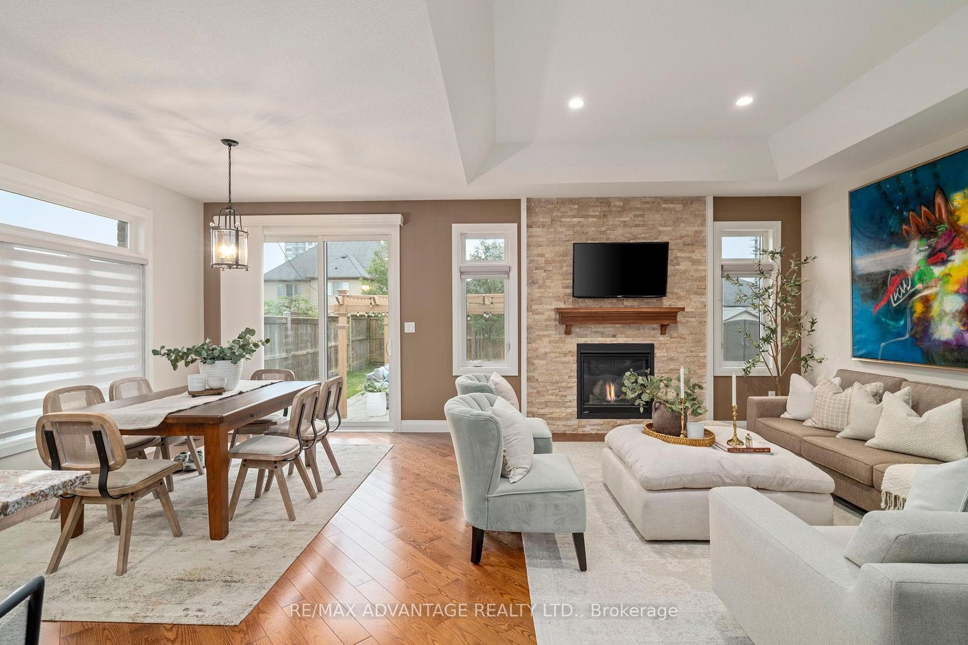 Gas fireplace & stone accent wall