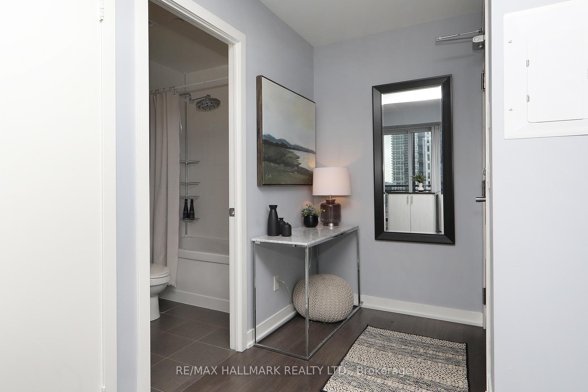 Foyer and entrance to bathroom