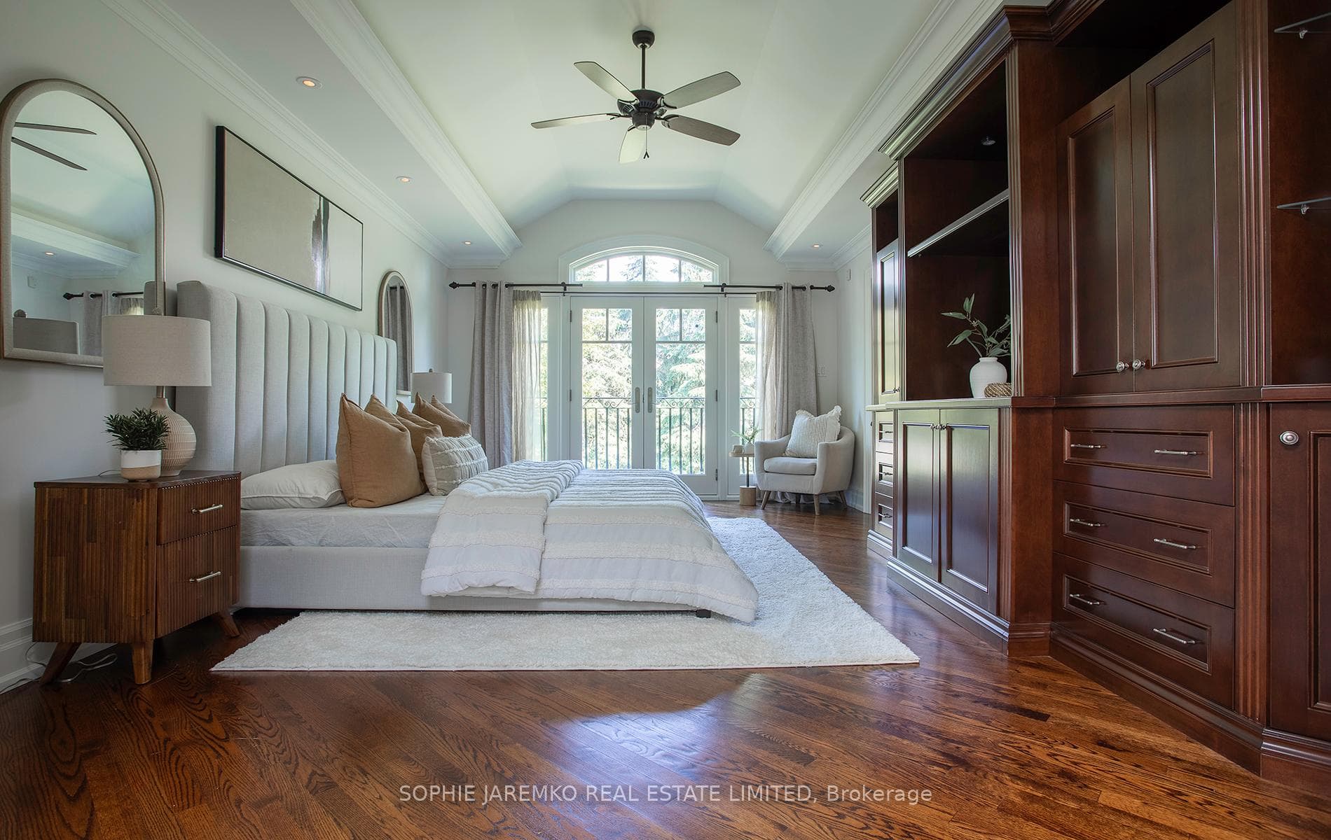 Primary BR east facing Juliette balcony, built-ins