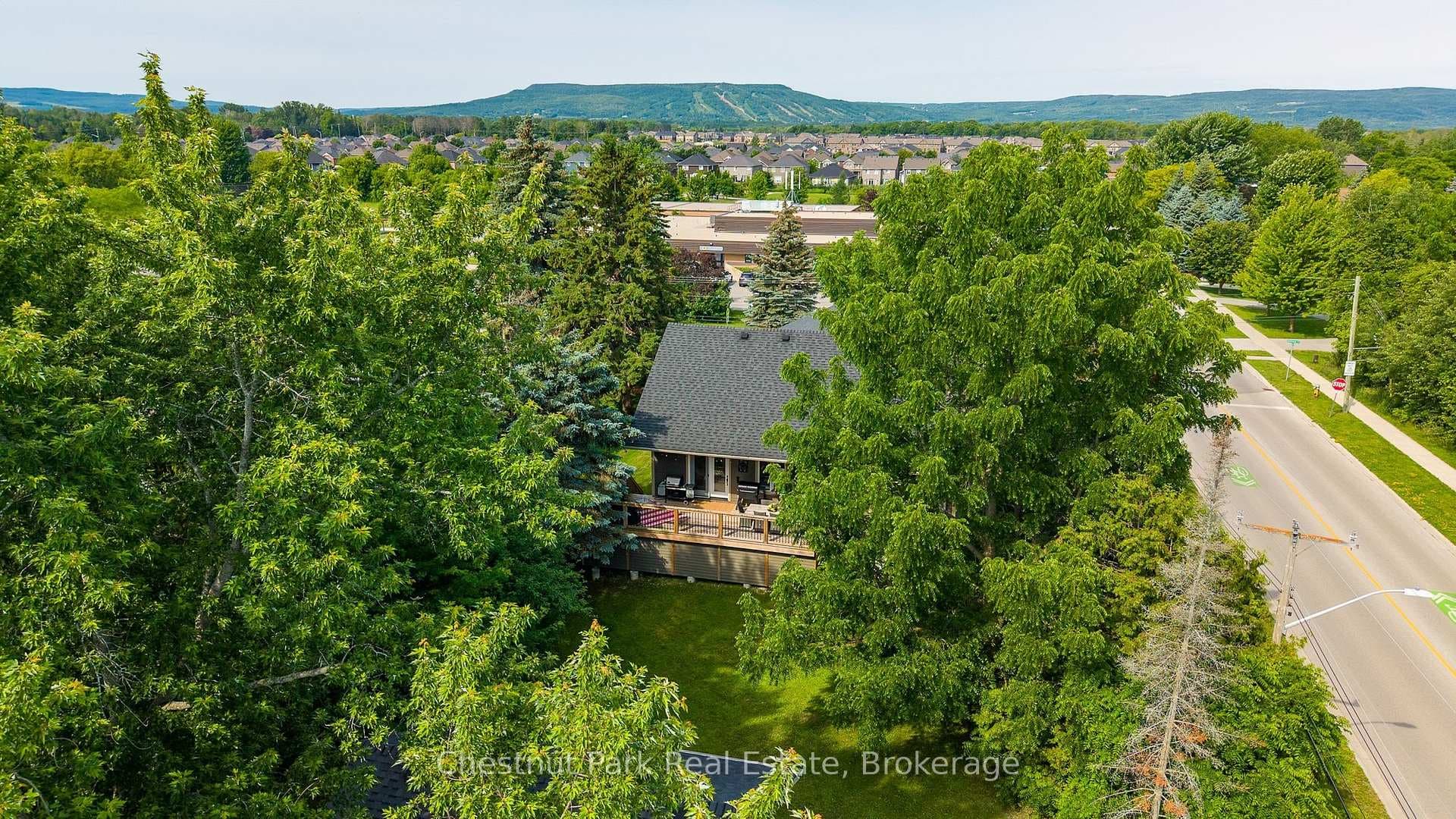 Aerial view of private treed back yard and deck