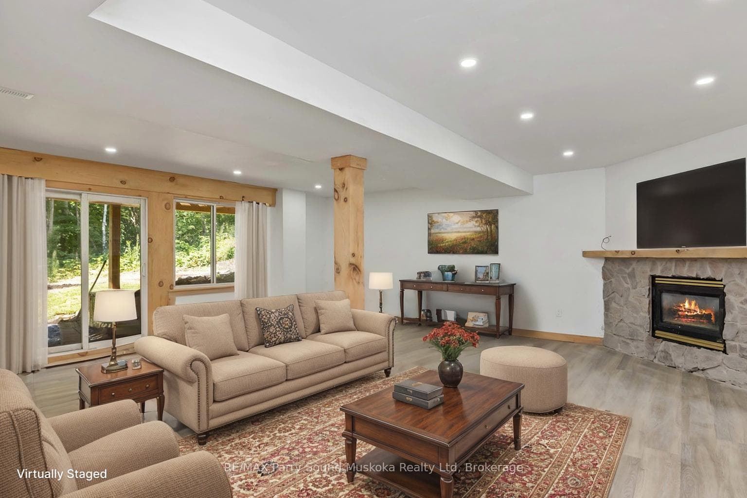 Lower level rec room, virtually staged