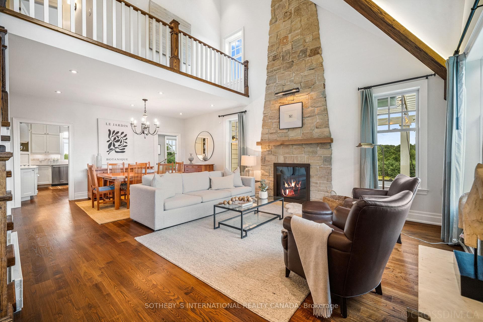 Soaring ceilings, stone fireplace
