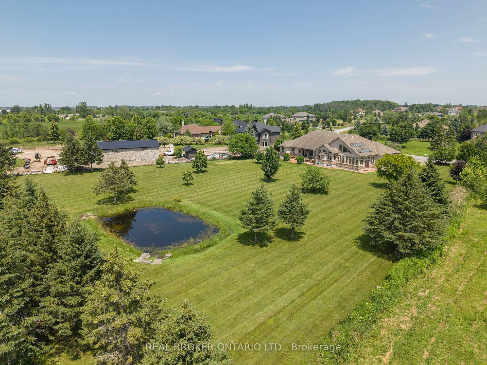 Backyard drone view and pond