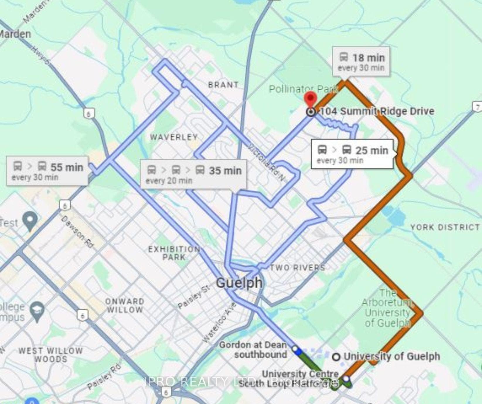 Distance by Bus to U of G