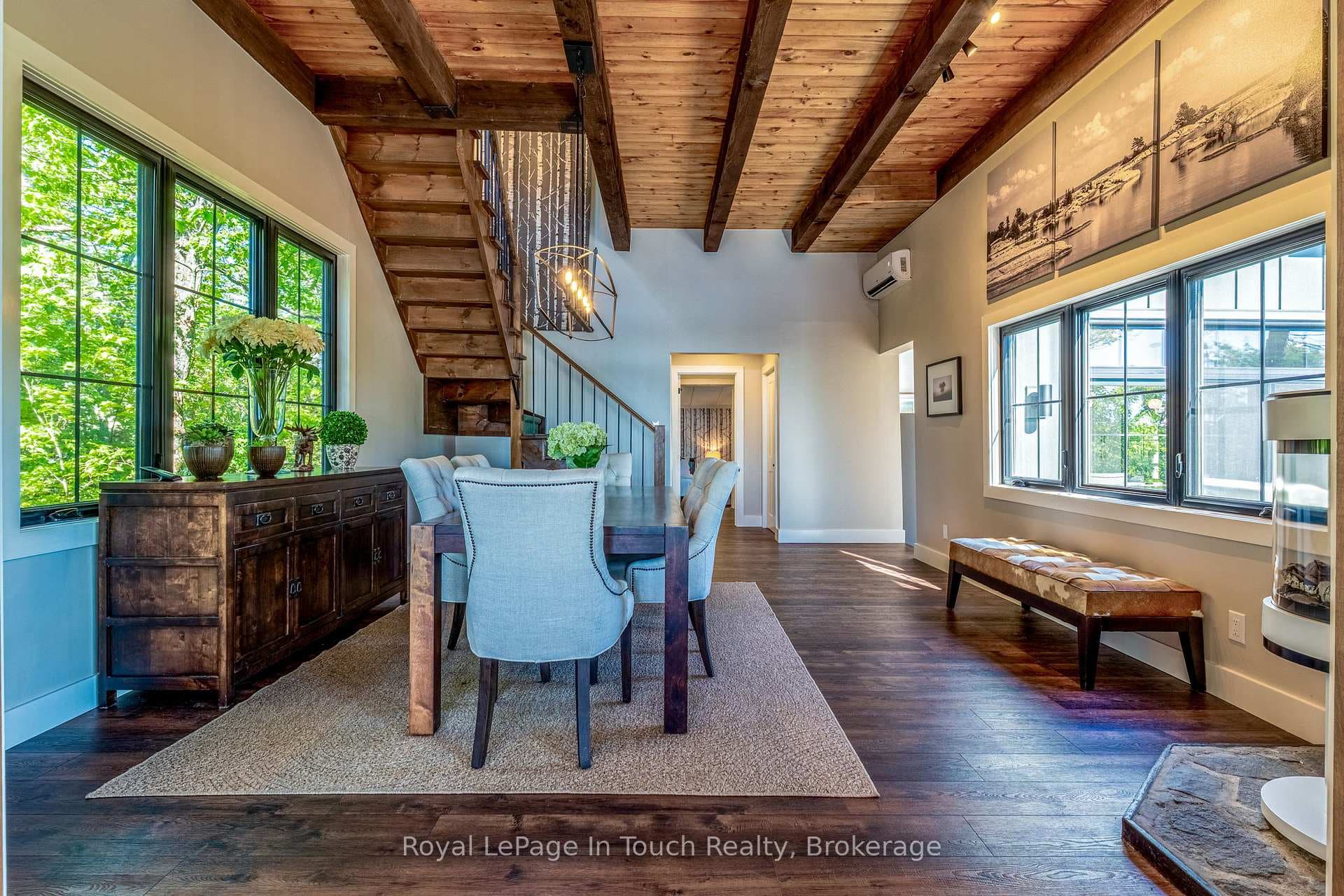 Dining area with beamed ceilings
