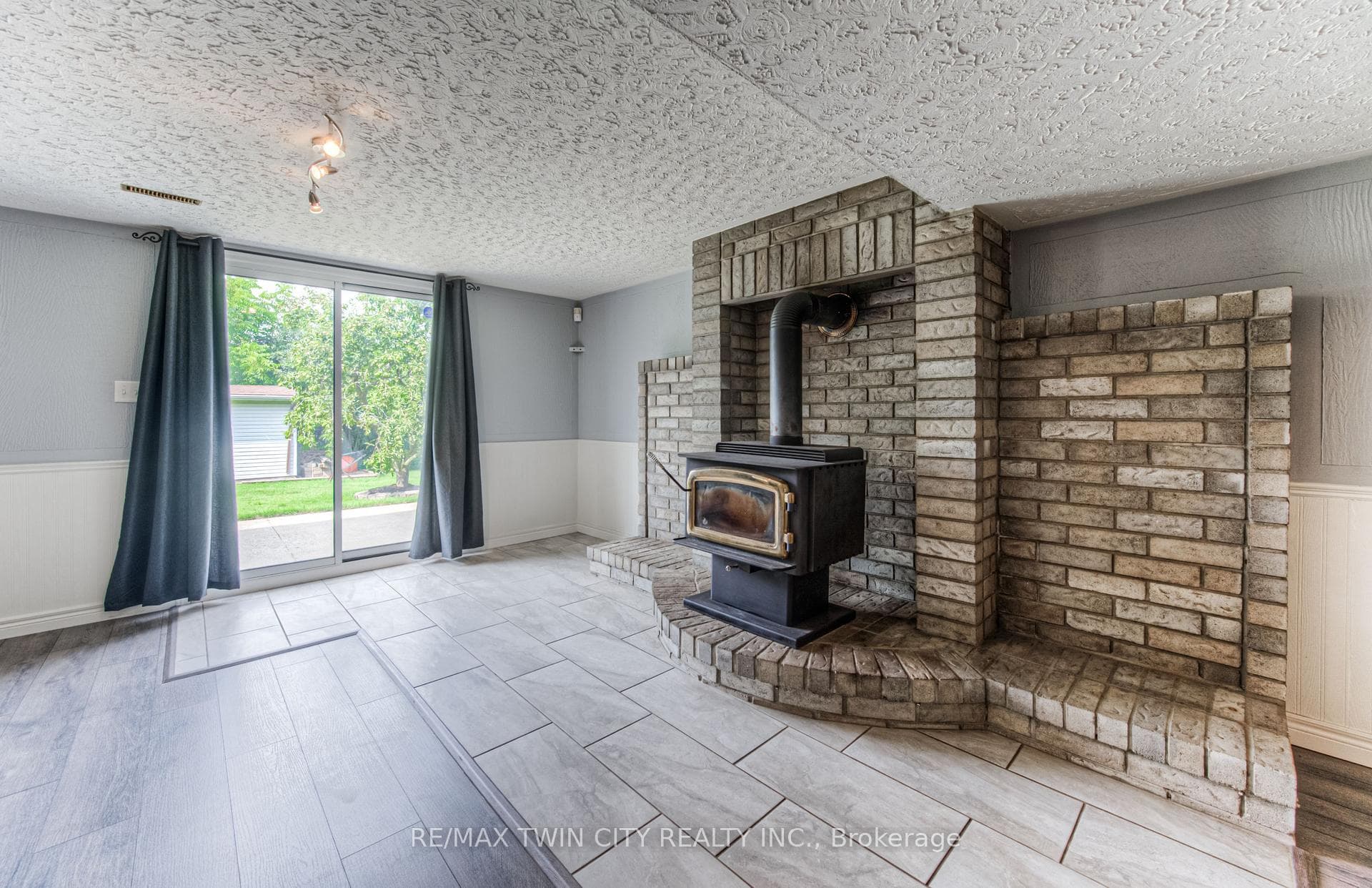 A wood-burning fireplace