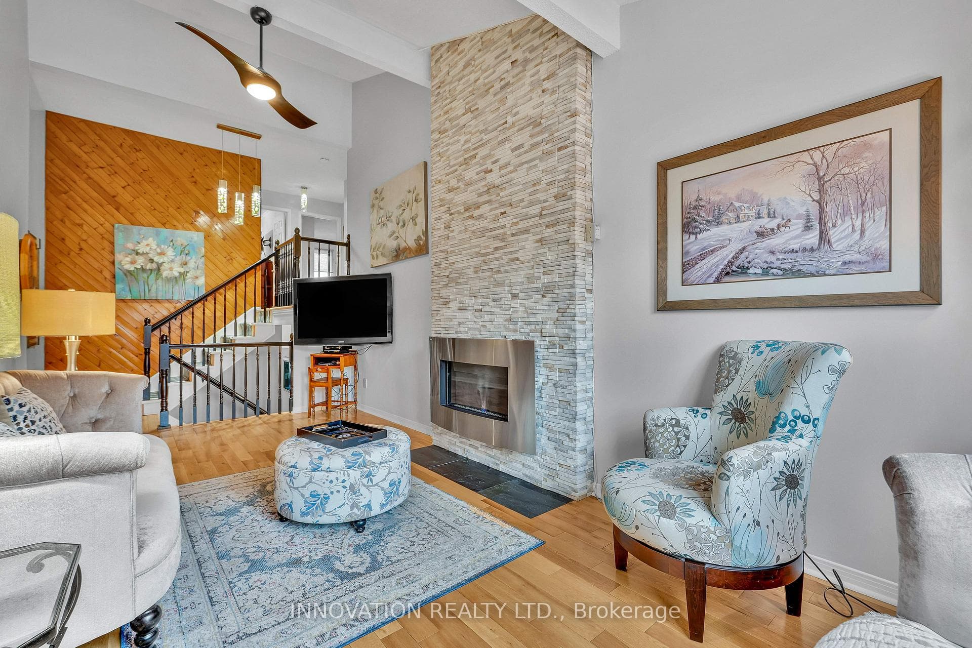 Cozy fireplace in family room.