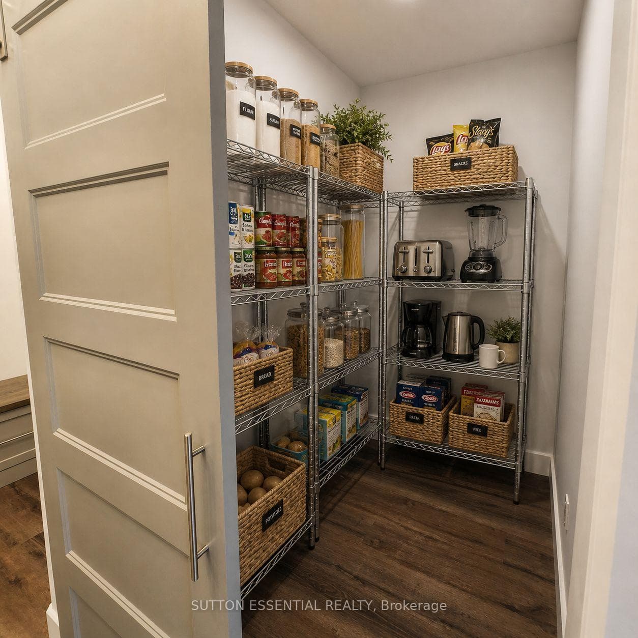 AI staged pantry with sliding farmhouse door