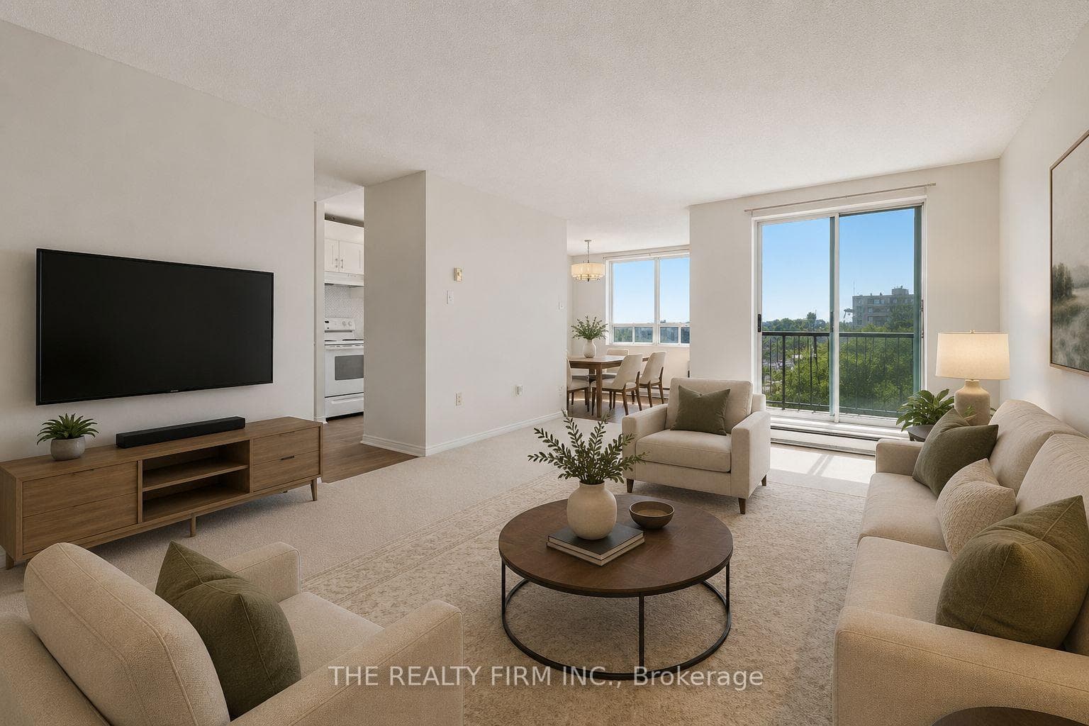 Virtually staged living room with view of patio