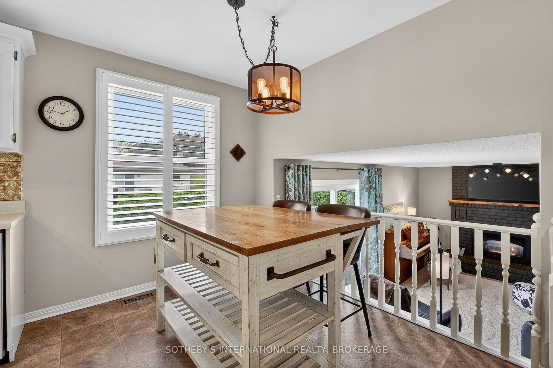 A few steps up from the family room to the kitchen
