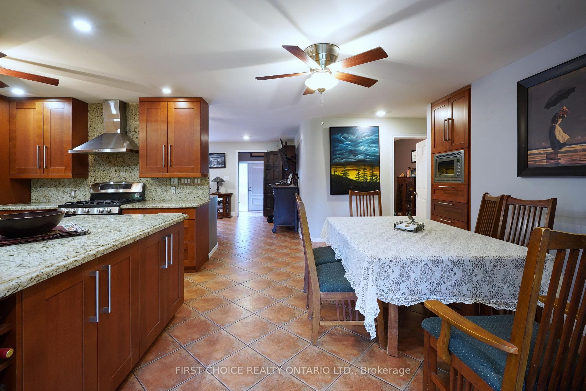 A view of the dining area and entry area.