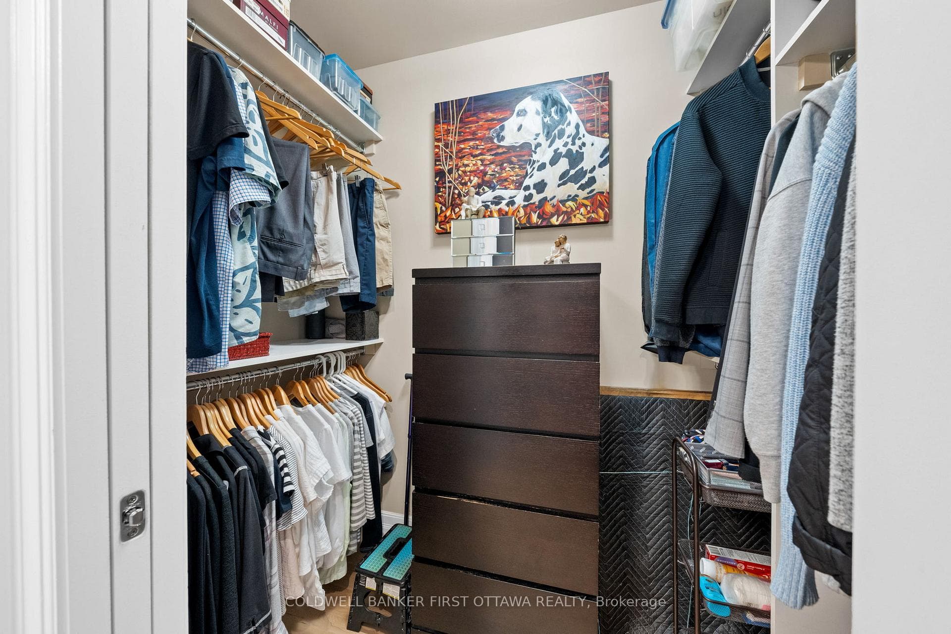 Walkin closet w custom shelving & room for dresser