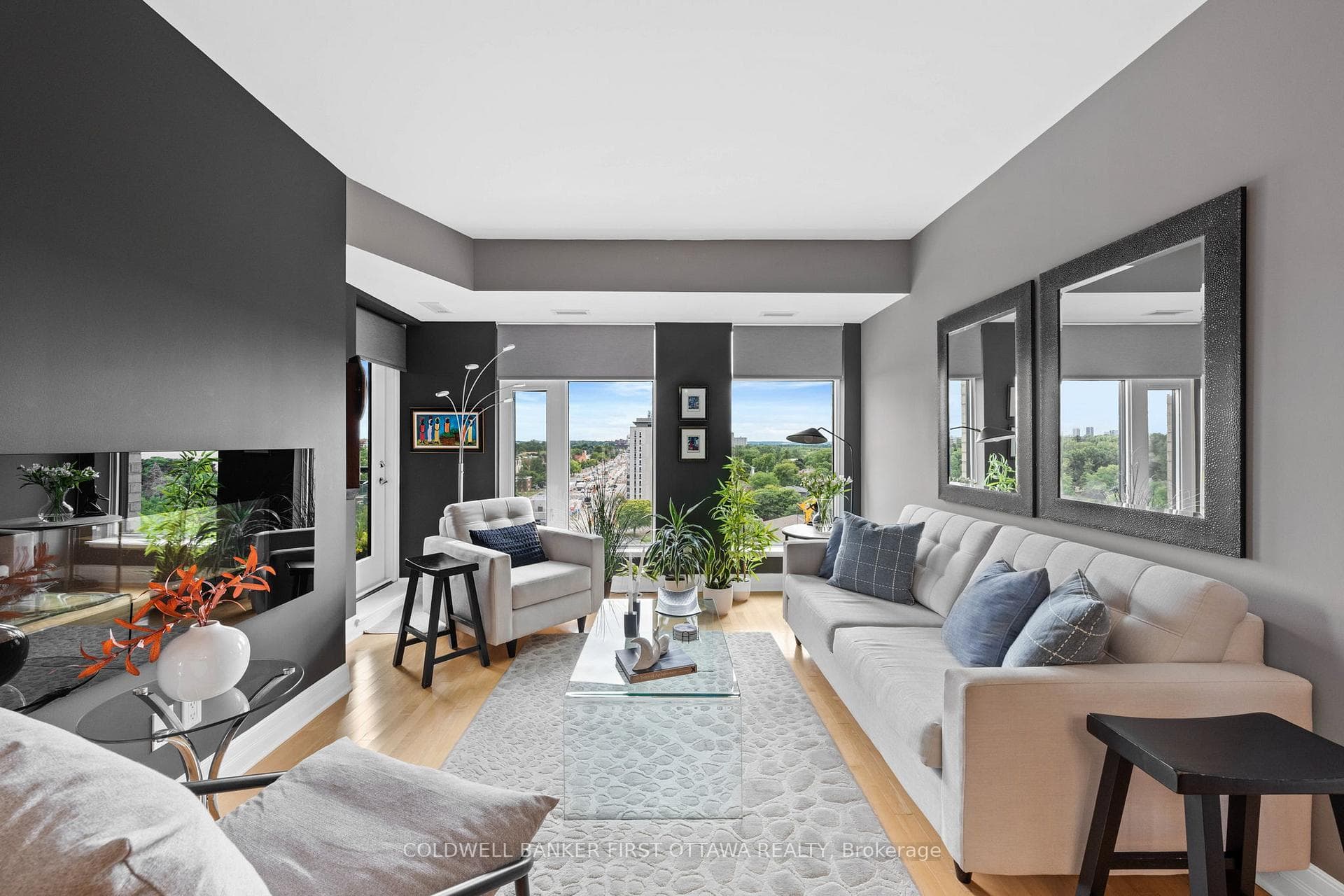 Electric fireplace & walkout to balcony.