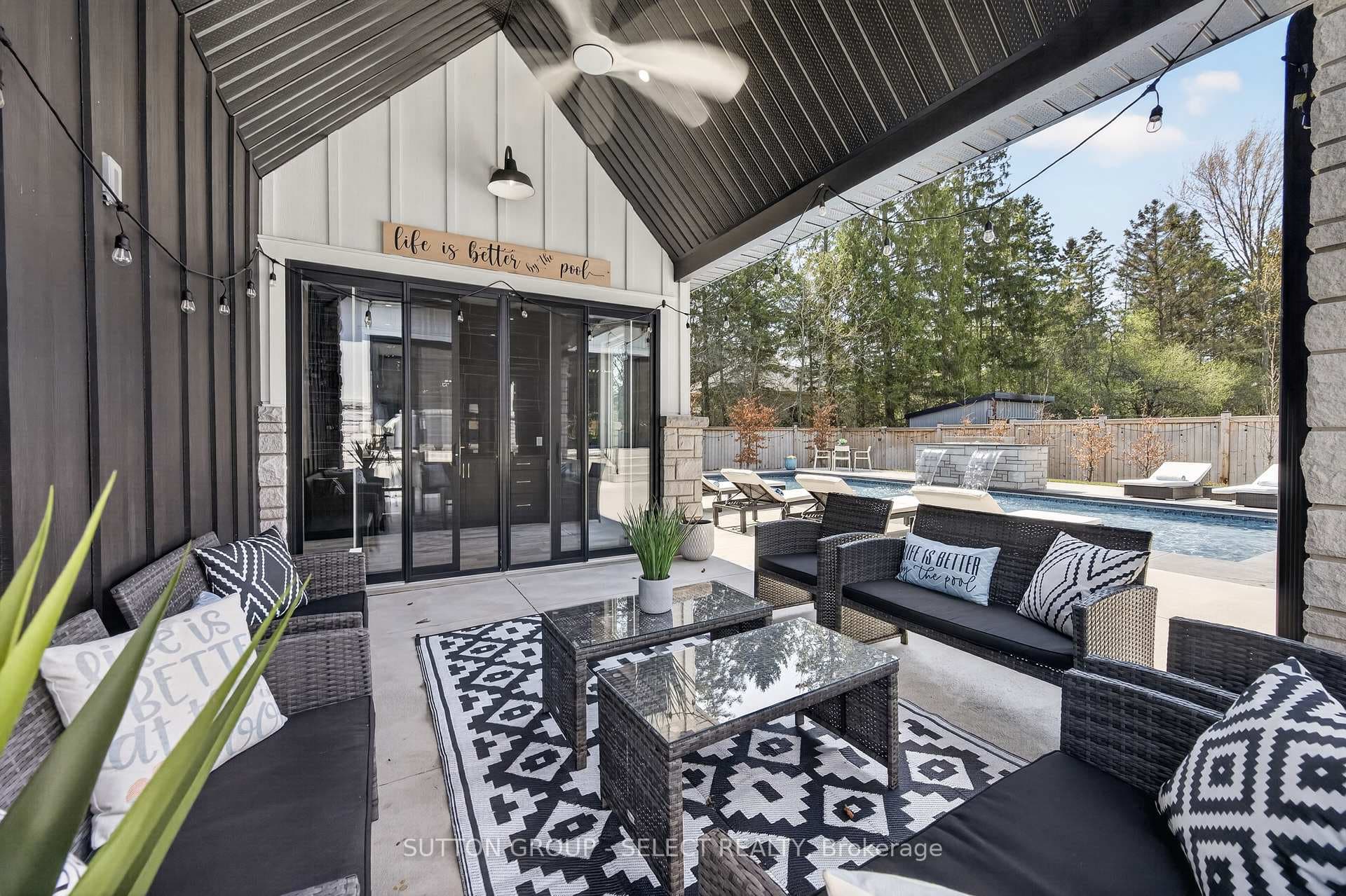 Covered porch pool house lounge