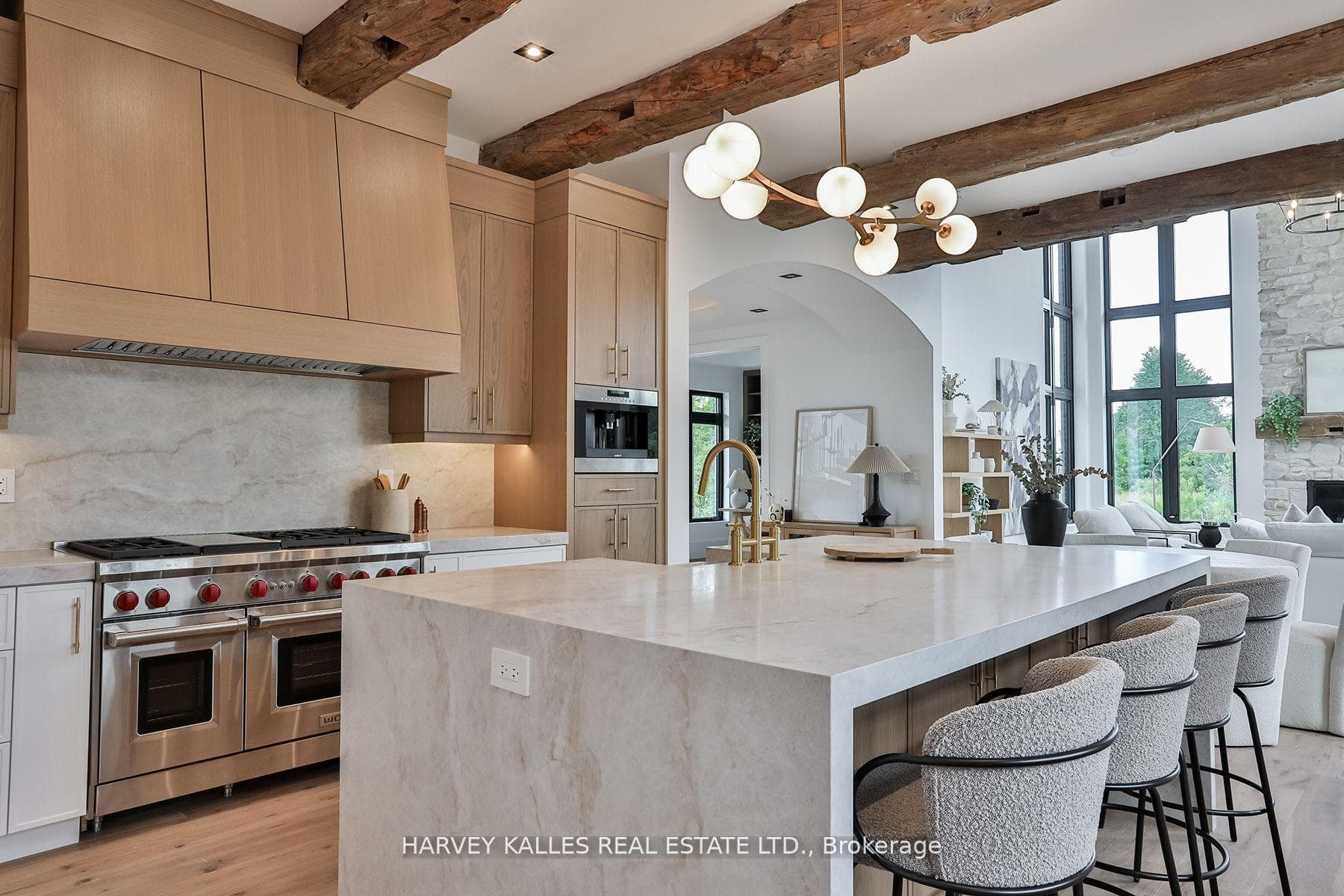 White oak & ceiling beams in kitchen