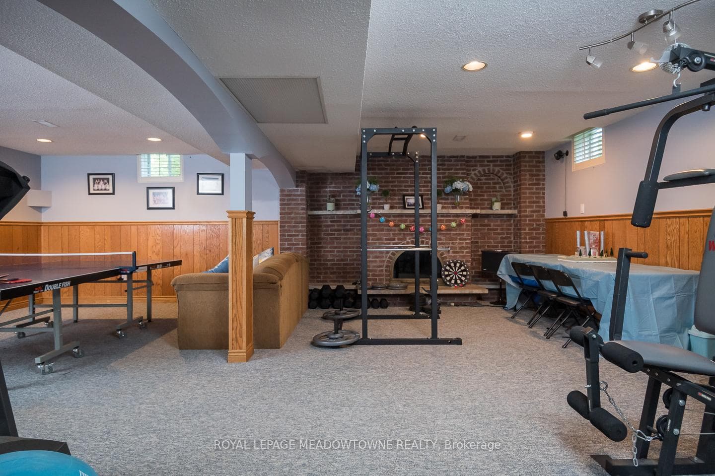 Large rec room with wood burning fireplace