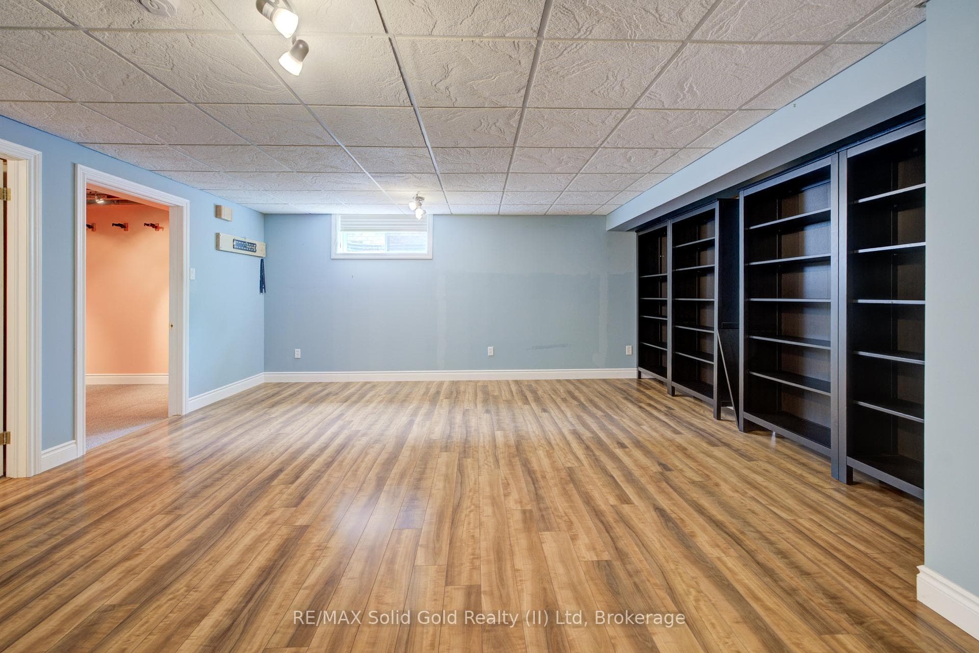 Family room with shelving.