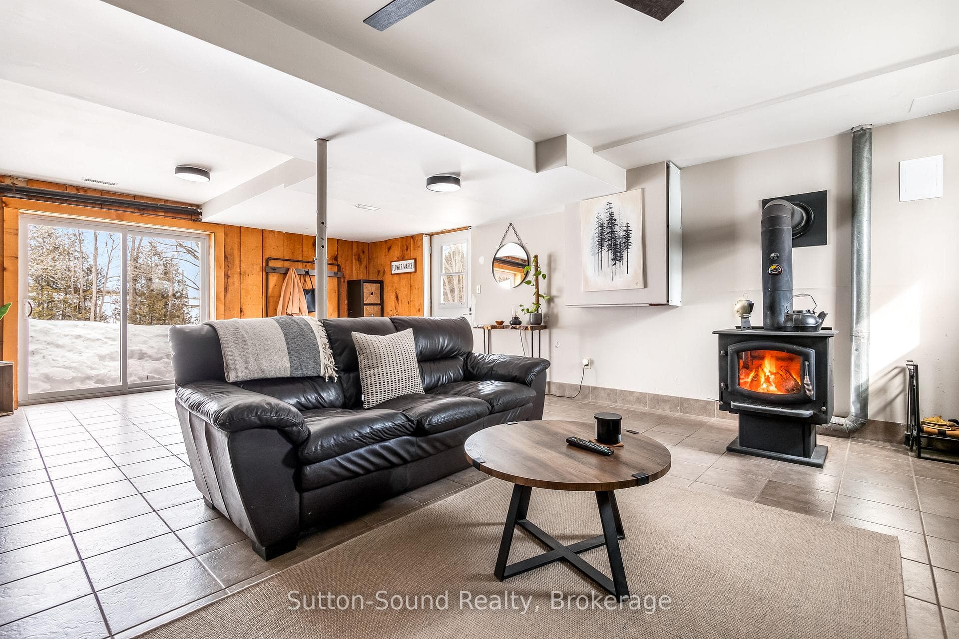 Rec room on lower level with cozt wood stove