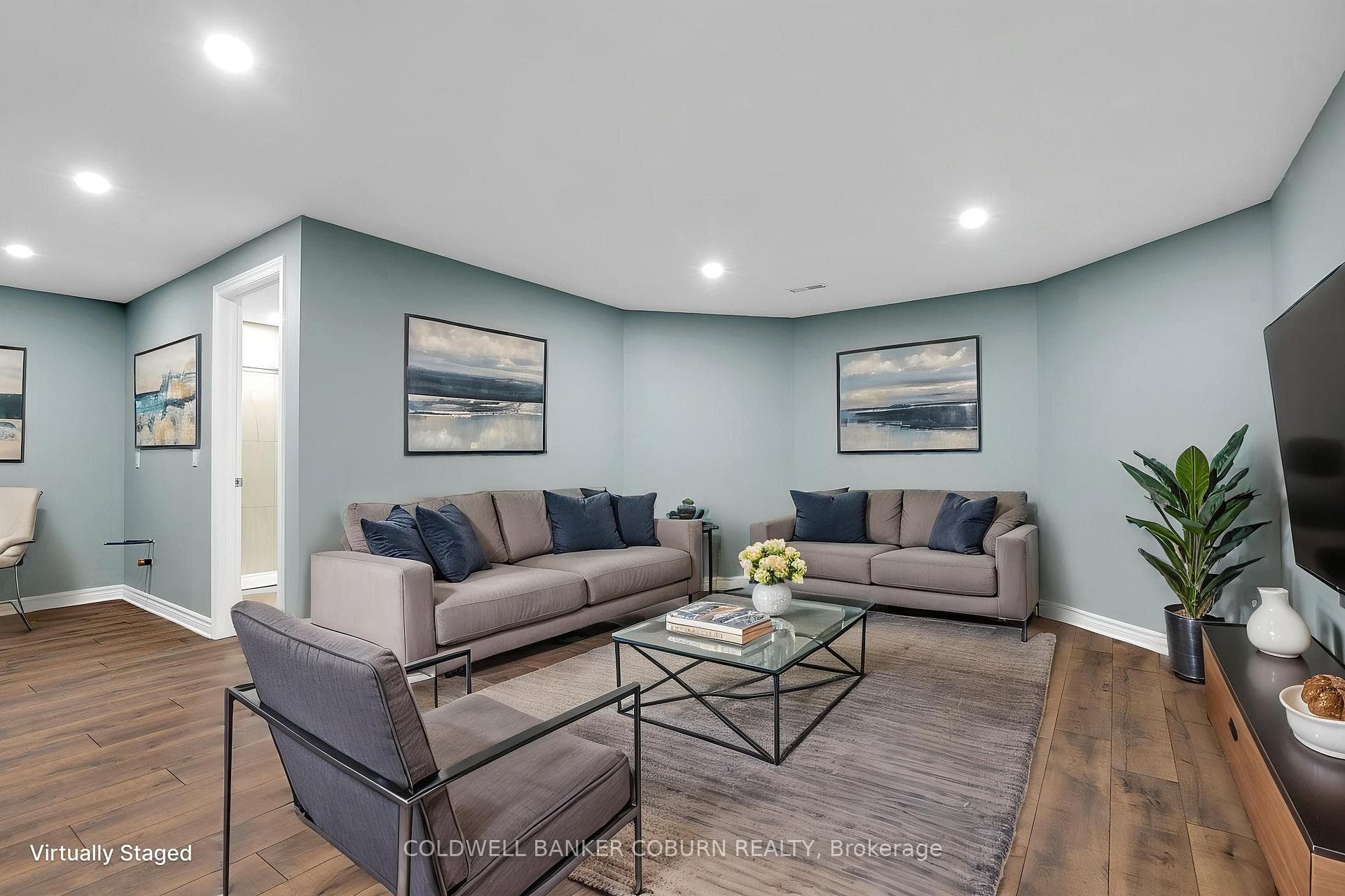 Lower level family room virtually staged